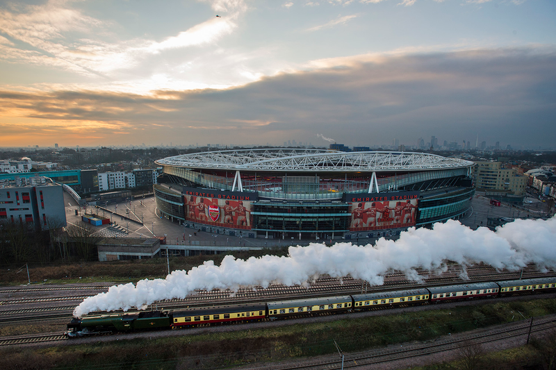 The Flying Scotsman passes the Emirates Stadium on the East Coast Mainline in Holloway on February 25, 2016 in London, England. (Photo by Justin Setterfield/Getty Images)